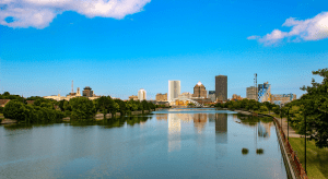 Photo of waterway with Rochester in background